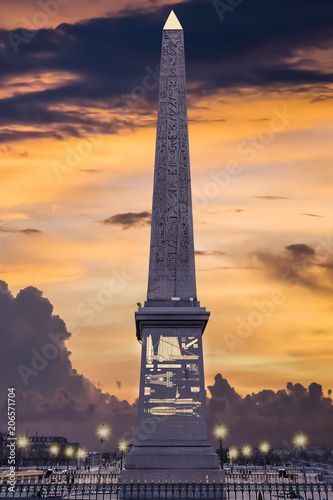 The Luxor Egyptian Obelisk at the center of Place de la Concorde, Paris with the text "The obelisk descended from its base in Egypt and embarked for France on the ship the Captain Louis Verninac" © Alfredo
