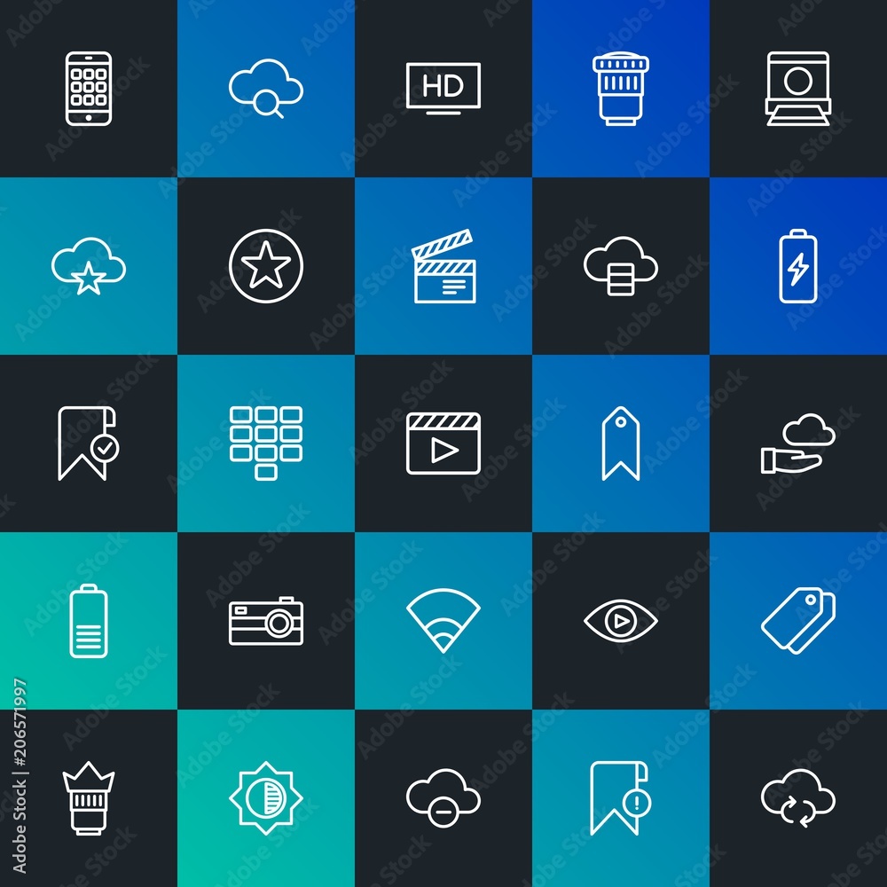 Modern Simple Set of cloud and networking, mobile, video, photos, bookmarks Vector outline Icons. Contains such Icons as  and more on dark and gradient background. Fully Editable. Pixel Perfect.