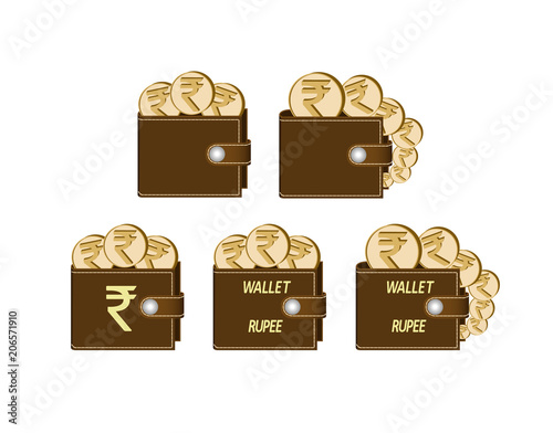 set of brown  wallets with rupee coins