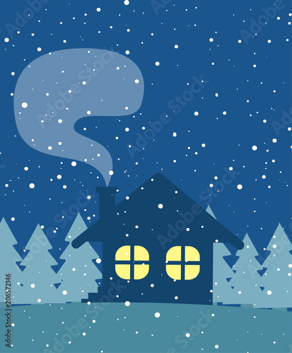 Winter forest house with smoke from chimney.