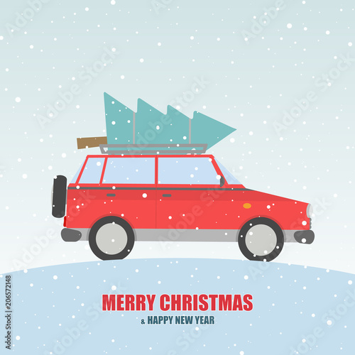 Red car with a fir-tree on the trunk.