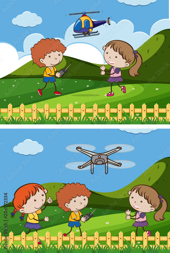 Obraz premium Kids Playing Drone at Garden