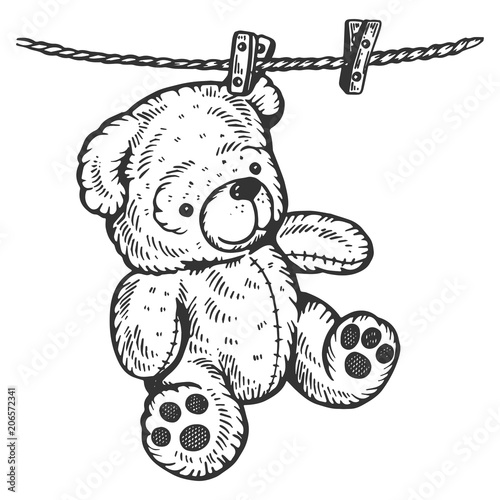 Teddy bear on rope engraving vector illustration