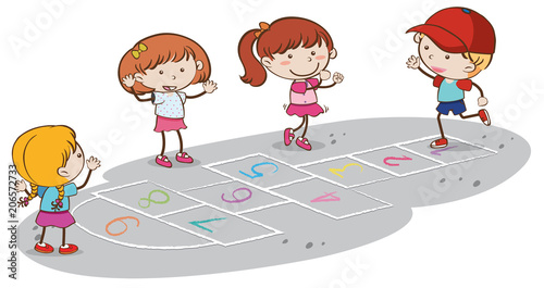 Kids Playing Hopscotch on White Backgrounf