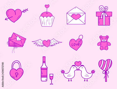 Wedding outline icons vector illustration married celebration groom invitatio...