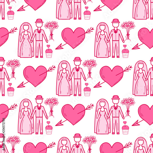 Heart sharp vector wedding couple seamless pattern background pink color card...