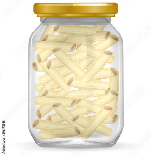 Penne Pasta in Jar on White Background