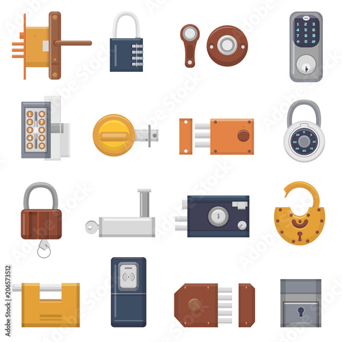 Lock vector padlock with keyhole for safety and security locking system with locked secure mechanism to interlock or lockout doorlock illustration set isolated on white background