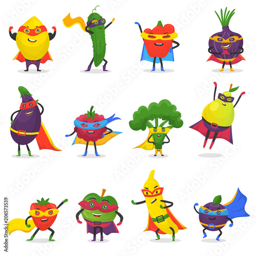 Superhero fruits vector fruity cartoon character of super hero expression vegetables with funny apple banana or pepper in mask illustration fruitful vegetarian diet set isolated on white background