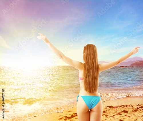 Woman in bikini starts holiday. concept of freedom and relax