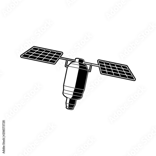 Earth orbital satellite - artificial outer space station in black and white colors. Isolated vector illustration of scientific technology cosmos object for spaceflight and exploration.