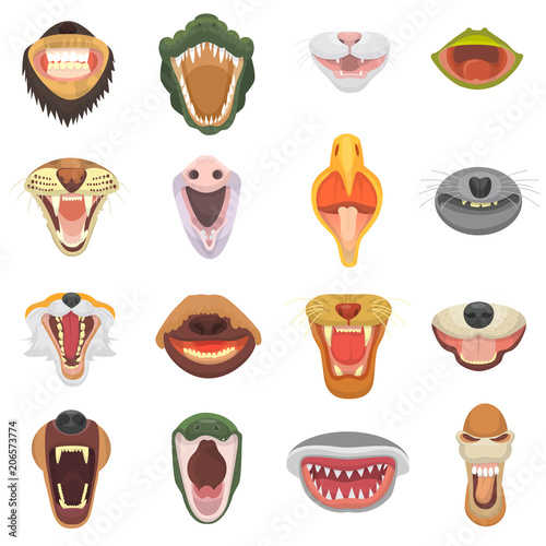 Animals mouth vector open jaw with teeth or fangs of roaring animals angry lion or cat and laughing bear with aggressive shark illustration set of animalistic beast isolated on white background