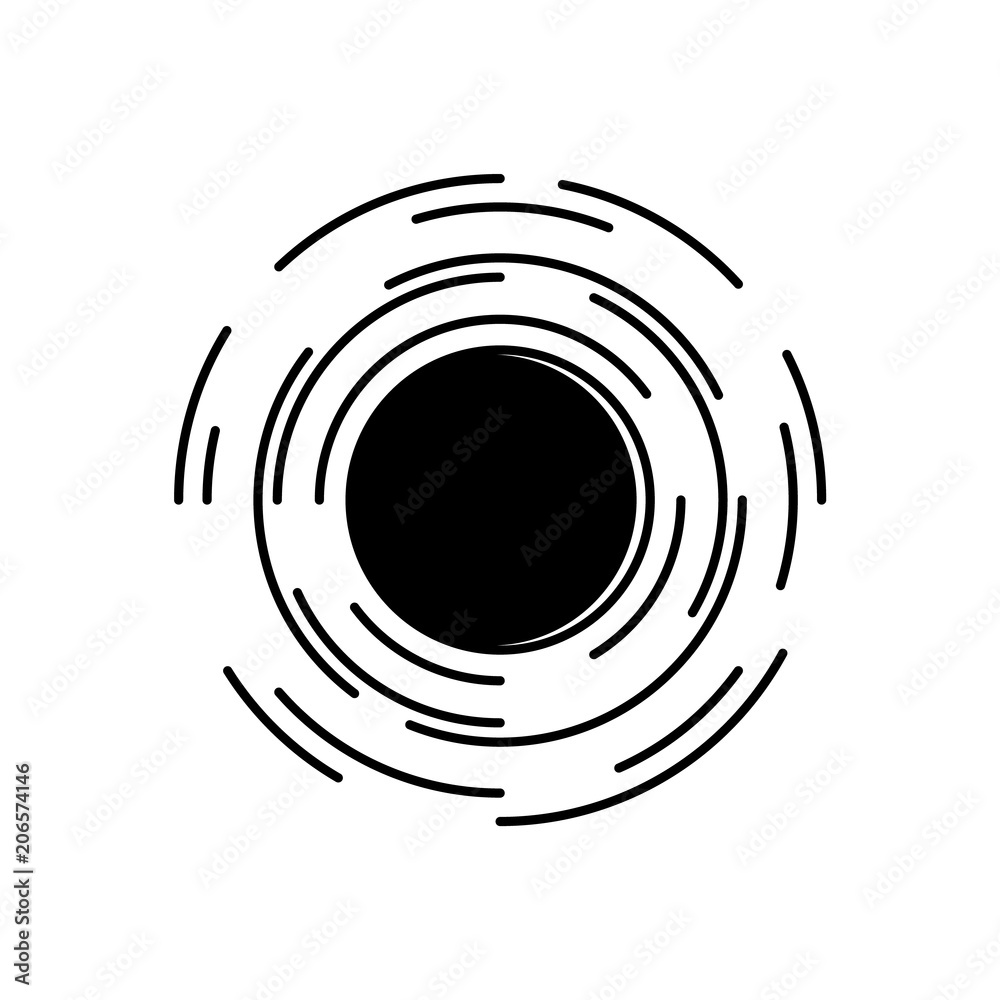 Naklejka premium Black hole in universe symbol with spacetime distortion effect isolated on white background. Abstract vector illustration of space vortex - cosmic bodies falling into black hole.