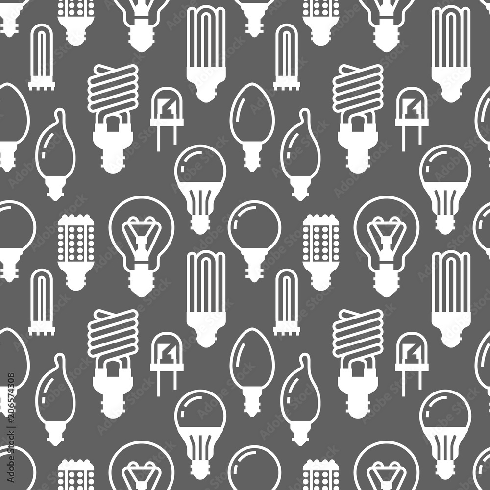Light bulbs seamless pattern with flat glyph icons. Led lamps types ...