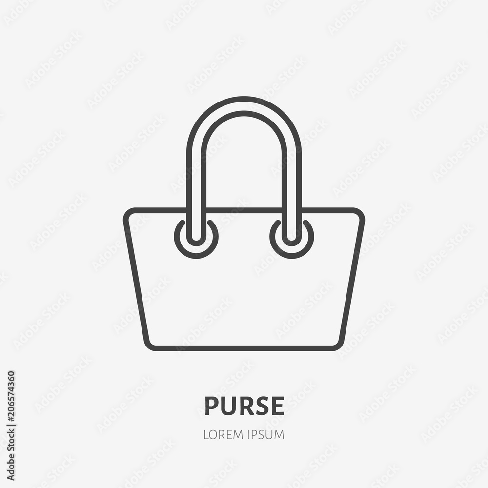 Purse flat line icon. Women handbag, carry-on sign. Thin linear logo for airport baggage rules. Purse flat line icon. Women handbag, carry-on sign. Thin linear logo for airport baggage rules.