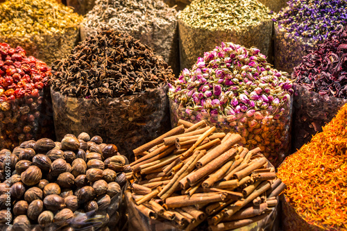 Closeup of fragrant oriental spices at spice market in Middle East