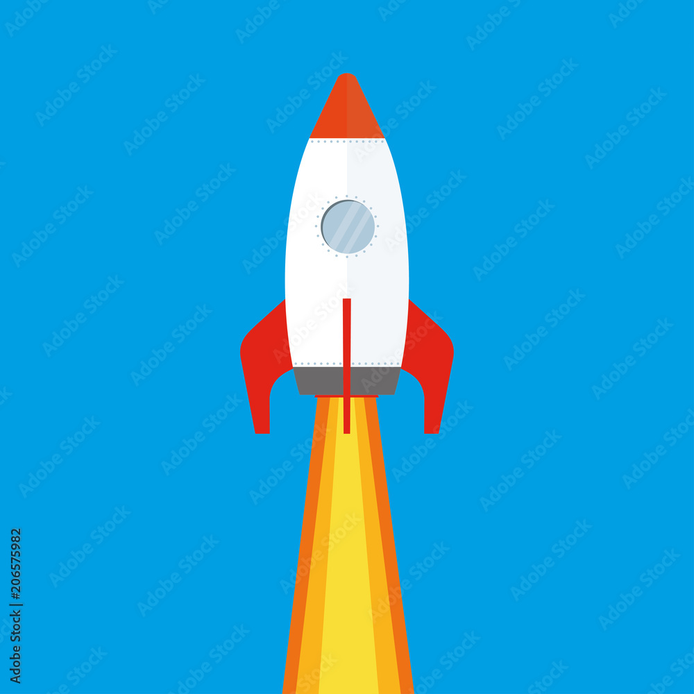 Cartoon Colored soaring spaceship on blue background,flat Rocket, Cartoon Colored soaring spaceship on blue background,flat Rocket,