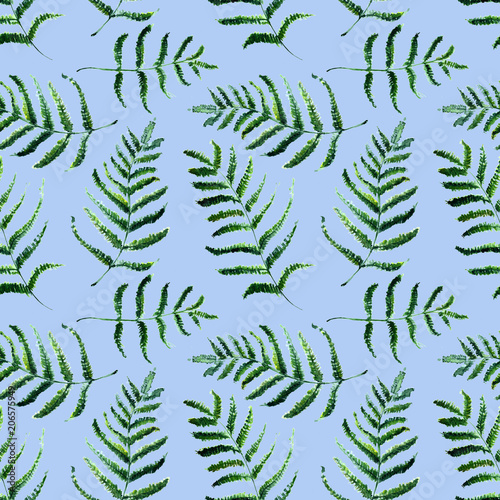 Seamless Realistic Watercolor Greenery Pattern. Hand Drawn Fern Leaves and Branches Print. Summer  Spring Forest Herbs  Plants Texture. Foliage in Vintage Style. Nature Eco Friendly Concept. Textile