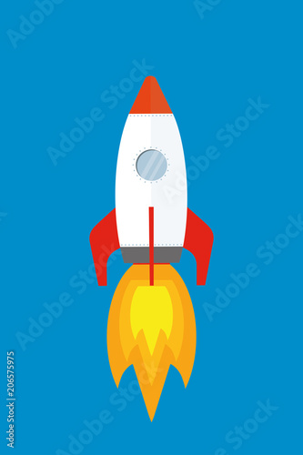 Fototapeta Naklejka Na Ścianę i Meble -  Cartoon Colored soaring spaceship on blue background,flat Rocket,
