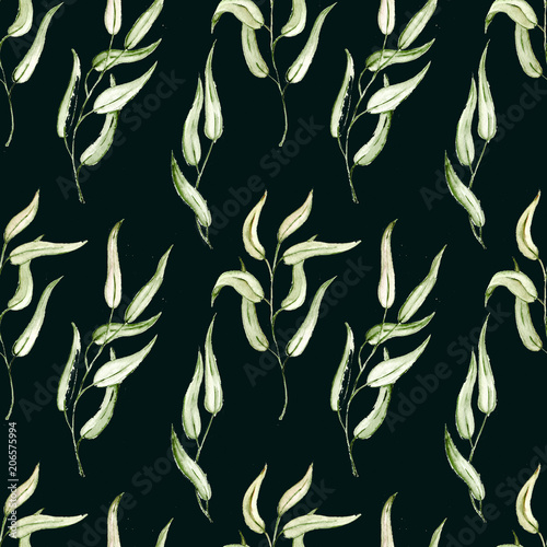 Seamless Realistic Watercolor Greenery Pattern. Summer, Spring Forest Herbs, Plants Texture. Foliage in Vintage Style. Nature Eco Friendly Concept. Textile, Fashion, Interior.
