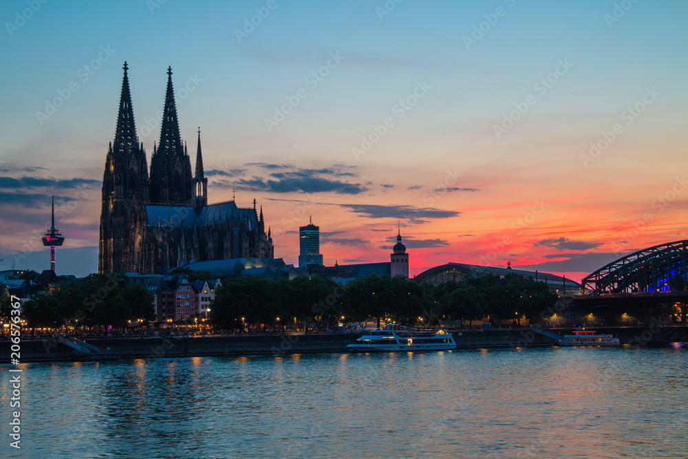 Cologne Cathedral at Sunset with ared sky