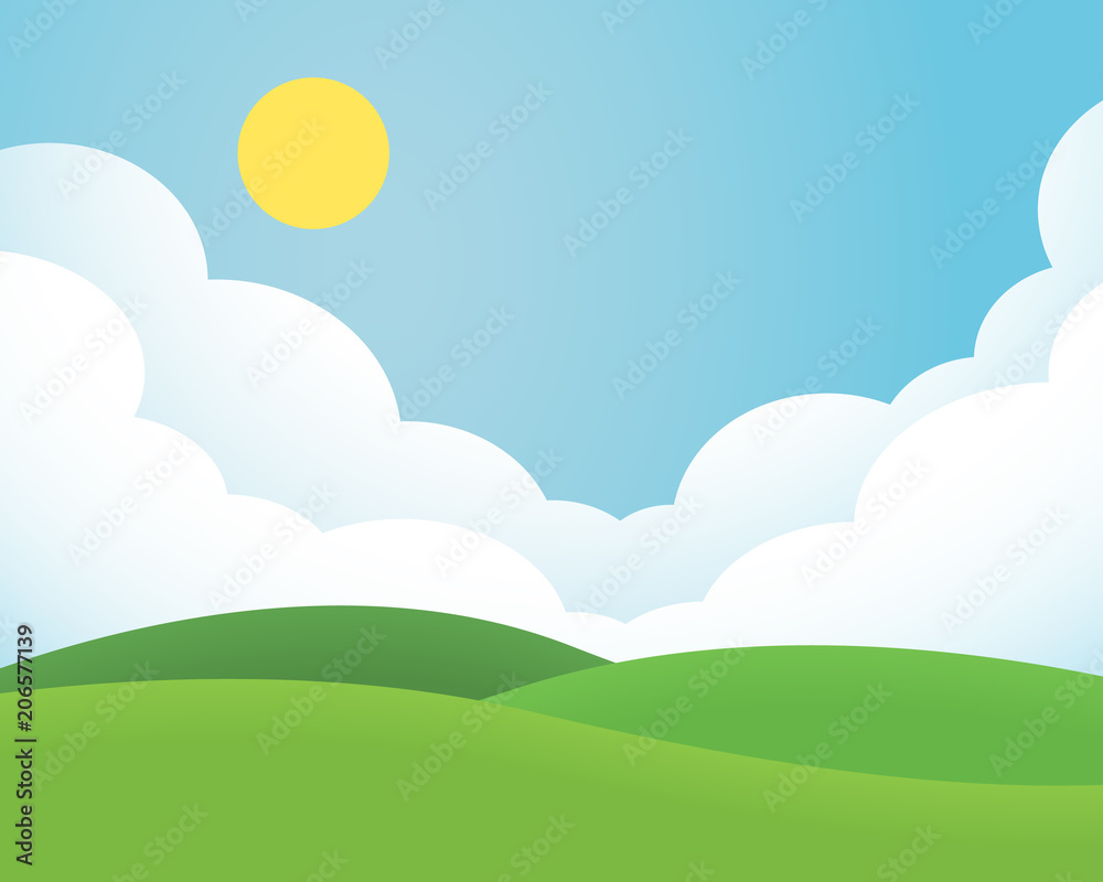 Flat design illustration of landscape with meadow and hill under blue sky with clouds and sun