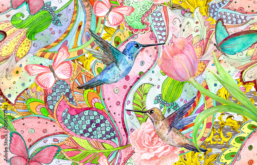 bohemian seamless texture with bizarre ornament and hummingbirds. watercolor painting