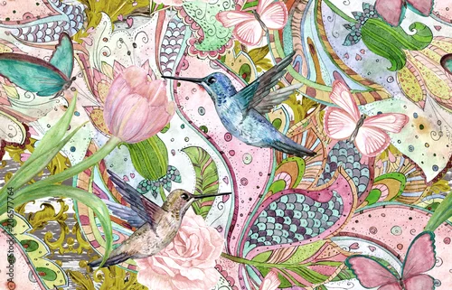 Obraz fashion seamless texture with ethnic floral ornament and hummingbirds. watercolor painting