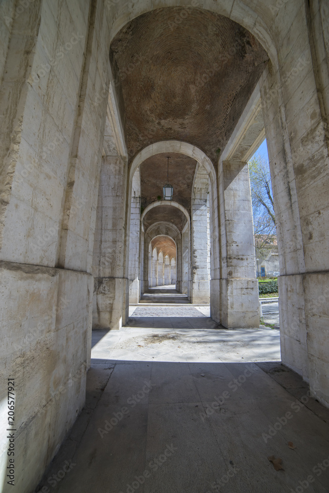 Ancient, Passage Old arcs, architecture. A sight of the palace of Aranjuez (a museum nowadays), monument of the 18th century, royal residence Spain.