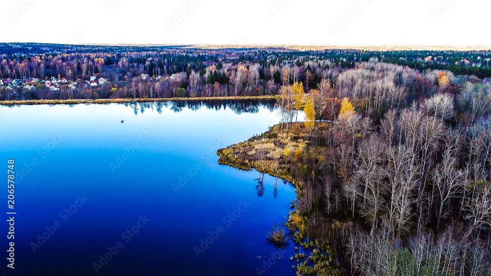 autumn landscape, blue sky,yellow the forest and the lake photos with height