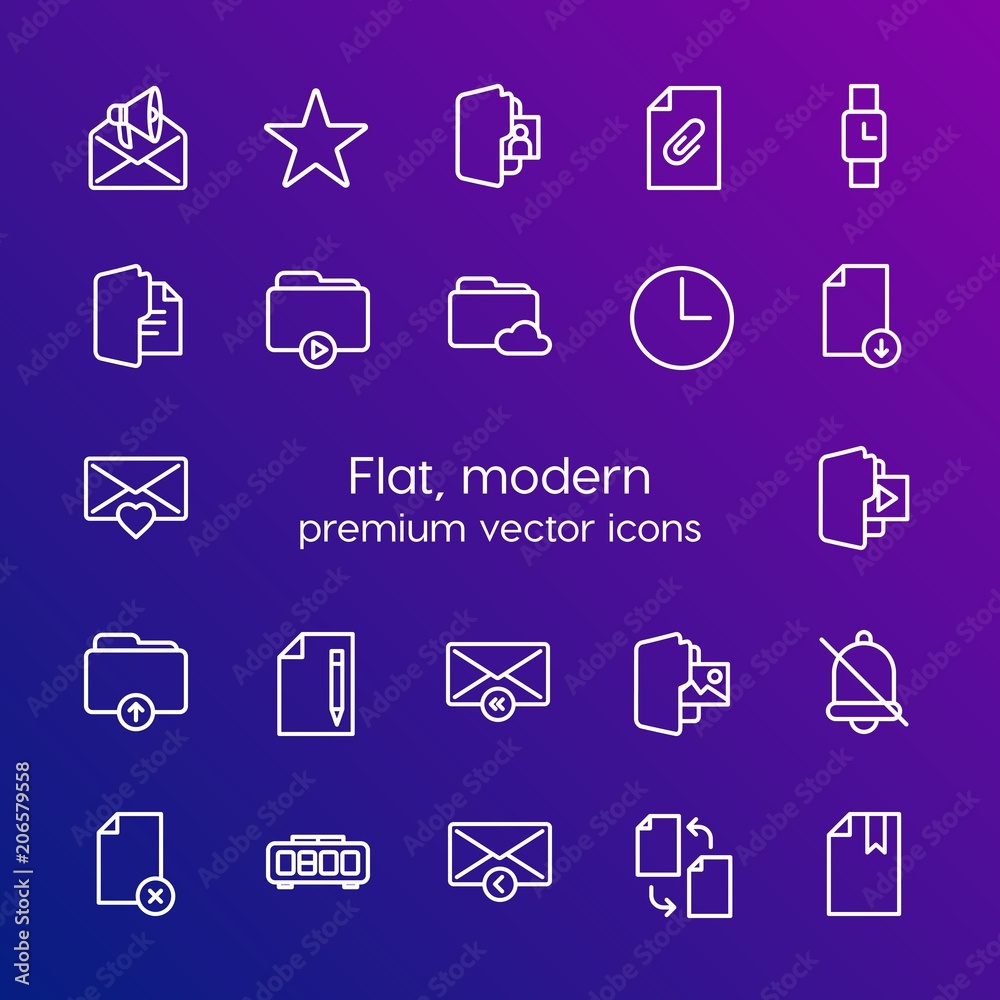 Modern Simple Set of folder, time, files, email Vector outline Icons. Contains such Icons as watch, book, web, time, clip, change, and more on gradient background. Fully Editable. Pixel Perfect Modern Simple Set of folder, time, files, email Vector outline Icons. Contains such Icons as watch, book, web, time, clip, change, and more on gradient background. Fully Editable. Pixel Perfect