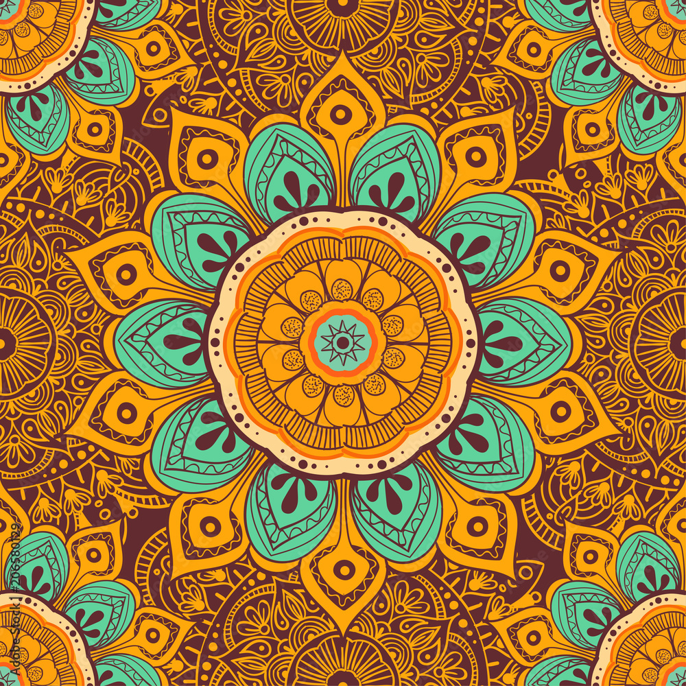 Fototapeta premium Flower mandala colorful background for cards, prints, textile and coloring books. Seamless pattern