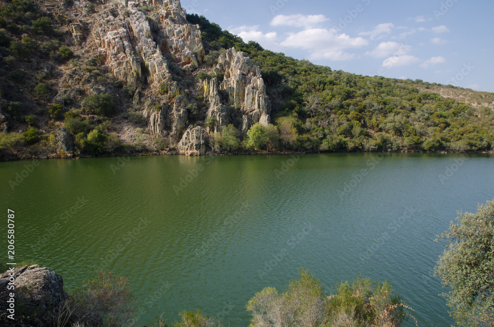 Cliff of La Portilla del Tietar and Tietar river. Monfrague National Park. Caceres. Extremadura. Spain.