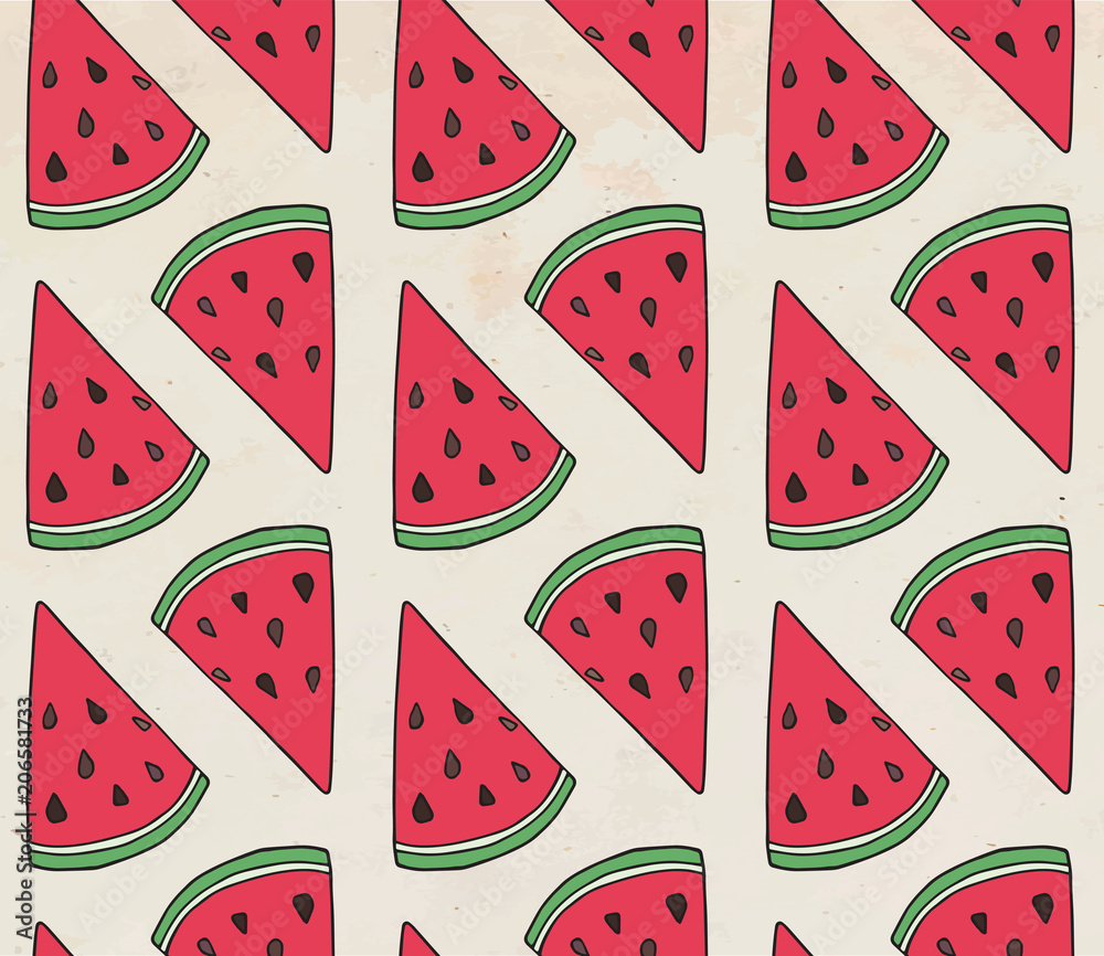 Pattern of sweet juicy watermelon seamless pattern. Summer exotic food. Beautiful hand drawn illustration of   fruits.