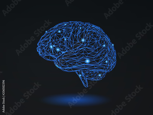 Polygonal wireframe brain on dark space BG