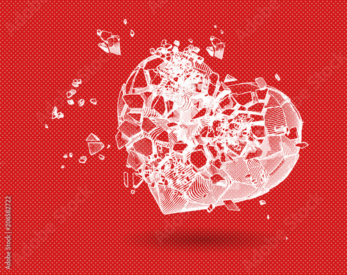 White heart breaking drawing on red BG