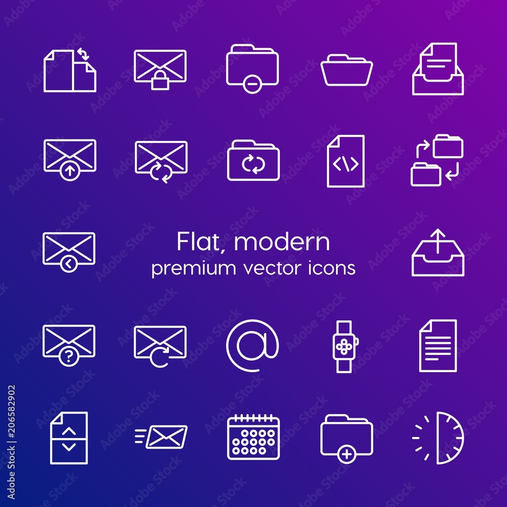 Modern Simple Set of folder, time, files, email Vector outline Icons. Contains such Icons as  mail,  smart,  divider,  document,  archive and more on gradient background. Fully Editable. Pixel Perfect
