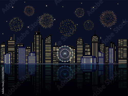 花火と都市の夜景
