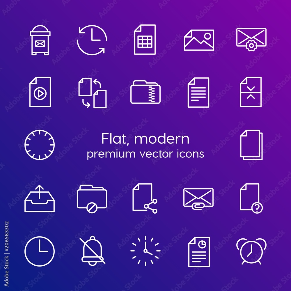 Modern Simple Set of folder, time, files, email Vector outline Icons. Contains such Icons as alarm, mailbox, minute, hour, timer, and more on gradient background. Fully Editable. Pixel Perfect Modern Simple Set of folder, time, files, email Vector outline Icons. Contains such Icons as alarm, mailbox, minute, hour, timer, and more on gradient background. Fully Editable. Pixel Perfect