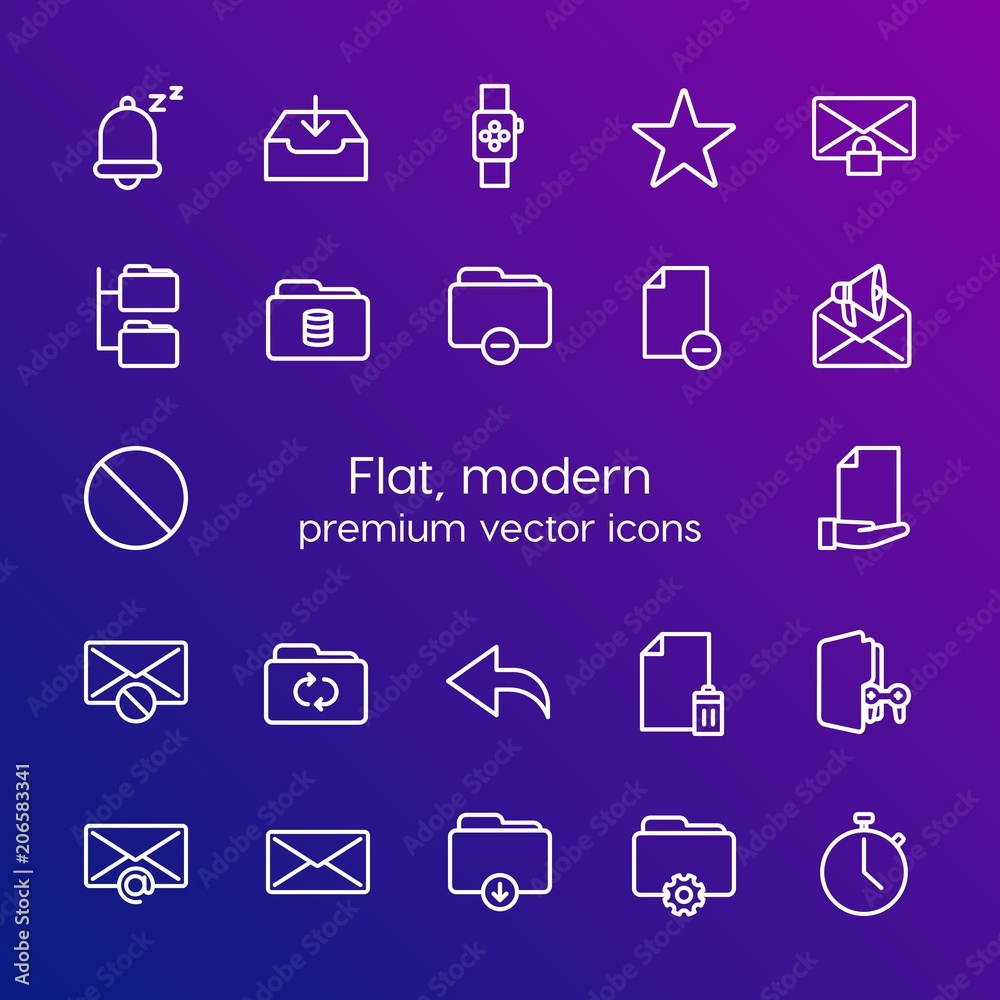 Modern Simple Set of folder, time, files, email Vector outline Icons. Contains such Icons as remove, rating, lock, private, game and more on gradient background. Fully Editable. Pixel Perfect Modern Simple Set of folder, time, files, email Vector outline Icons. Contains such Icons as remove, rating, lock, private, game and more on gradient background. Fully Editable. Pixel Perfect