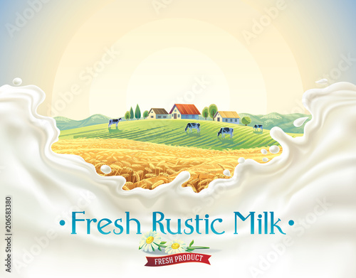Rural landscape with herd cows, in frame  splashes from milk, with the inscription as decorative design elements.