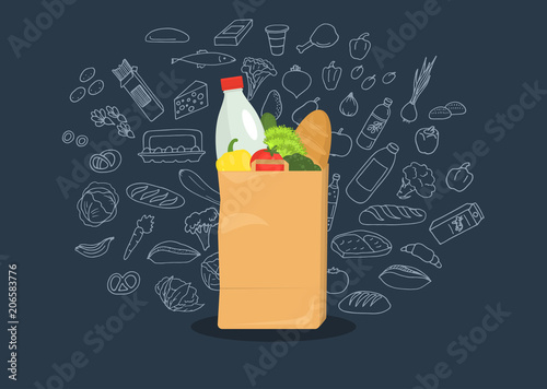 Paper bag full of groceries with sketches from groceries products on dark blue background. Healthy food. Grocery store. Vector illustration.