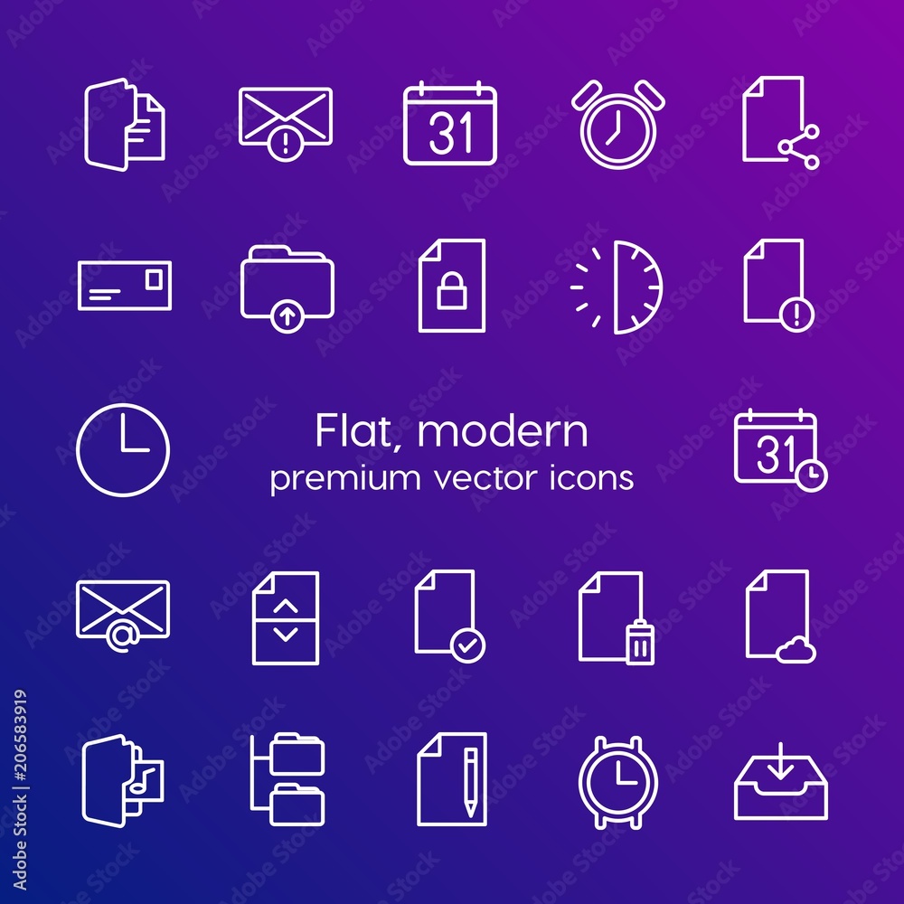 Modern Simple Set of folder, time, files, email Vector outline Icons. Contains such Icons as letter, alarm, month, folder, delete and more on gradient background. Fully Editable. Pixel Perfect Modern Simple Set of folder, time, files, email Vector outline Icons. Contains such Icons as letter, alarm, month, folder, delete and more on gradient background. Fully Editable. Pixel Perfect
