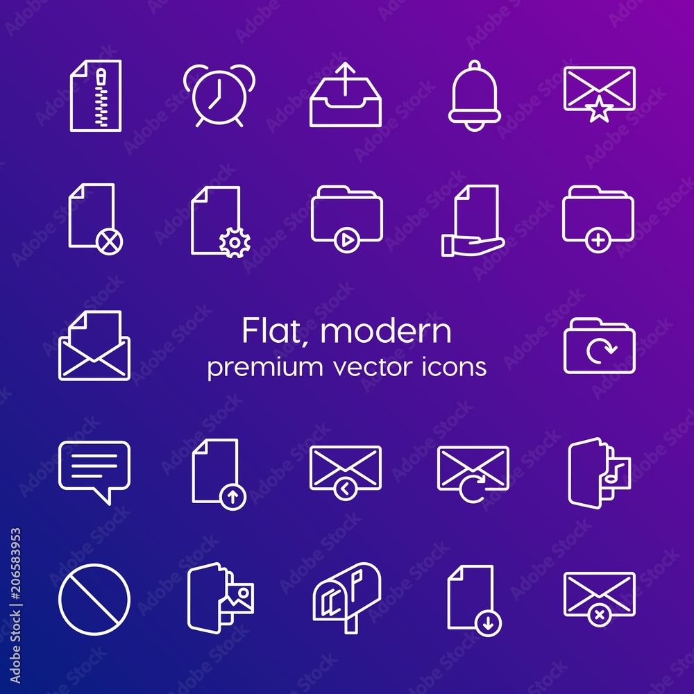 Modern Simple Set of folder, time, files, email Vector outline Icons. Contains such Icons as  business, file,  data,  technology,  wake and more on gradient background. Fully Editable. Pixel Perfect