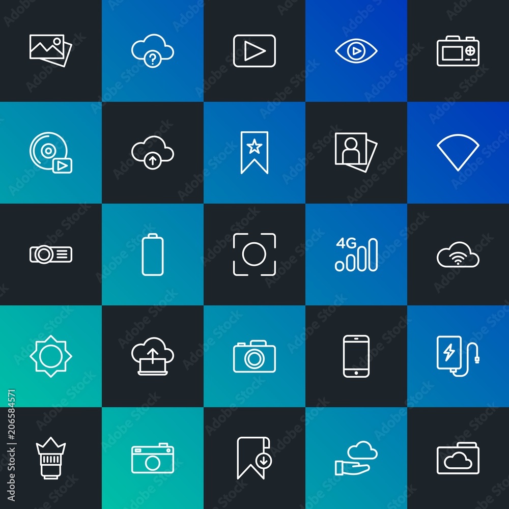 Modern Simple Set of cloud and networking, mobile, video, photos, bookmarks Vector outline Icons. Contains such Icons as  and more on dark and gradient background. Fully Editable. Pixel Perfect.