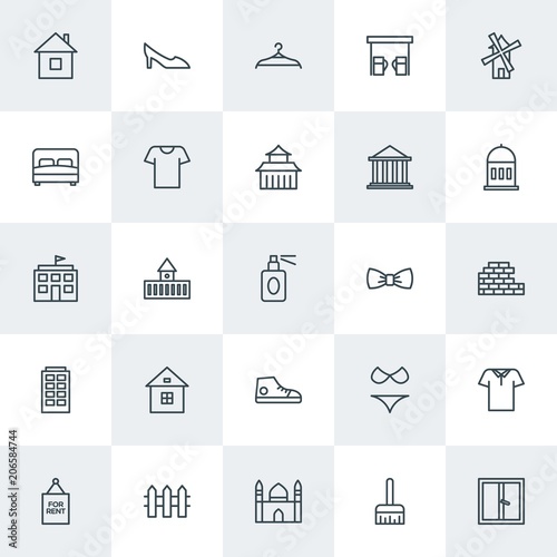 Modern Simple Set of clothes, buildings, housekeeping Vector outline Icons. Contains such Icons as fortress, building, brush, beach and more on white background. Fully Editable. Pixel Perfect.