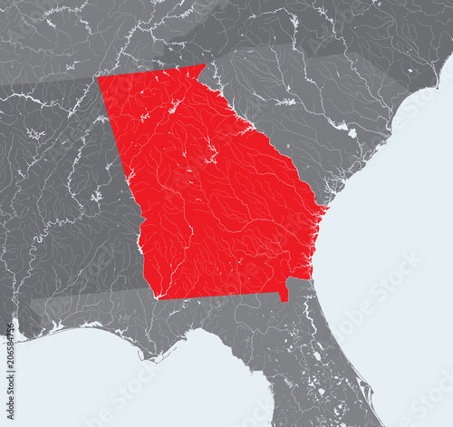 U.S. states - map of Georgia. Hand made. Rivers and lakes are shown. Please look at my other images of cartographic series - they are all carefully drawn by hand WITH RIVERS AND LAKES.
