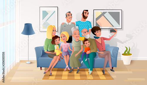 Happy Members of Big Family Gathered Together, Making Selfie Photo, Shooting Group Portrait of Three Generations on Cellphone while Sitting on Sofa in Living Room at Home Cartoon Vector Illustration