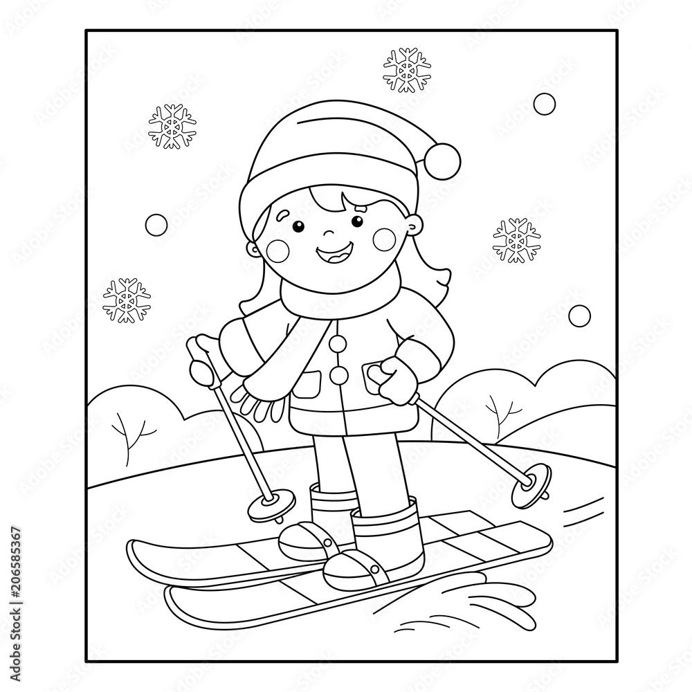 Coloring Page Outline Of cartoon girl skiing. Winter sports. Coloring book for kids