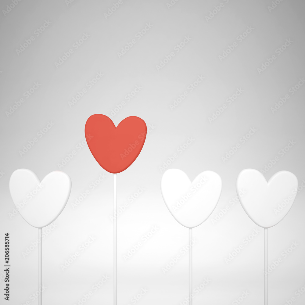 Minimal love and care concept idea, red and white heart shape candies on blank background with copy space